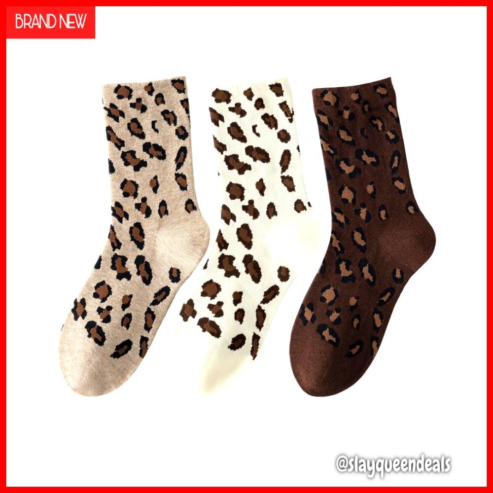 Leopard Print Cotton Crew Socks, Animal Print Women's Socks, 3-Pack
